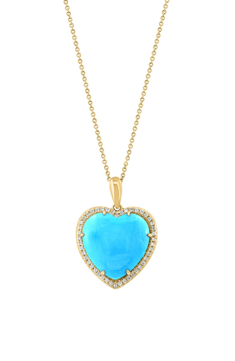 EFFY 14K Yellow Gold Diamond Halo Turquoise Heart Pendant Necklace, Main, color,