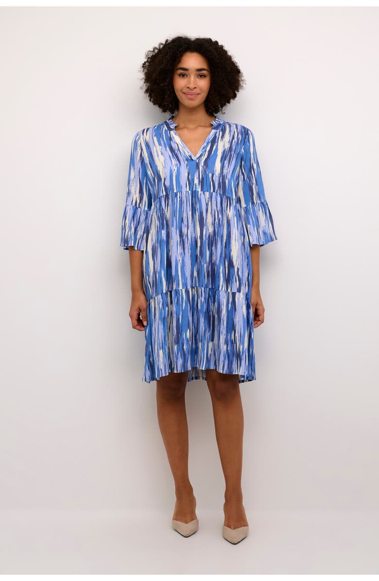 Kaffe Arina 3/4 Sleeve A-Line Fit Dress, Main, color, Blue Abstract Print