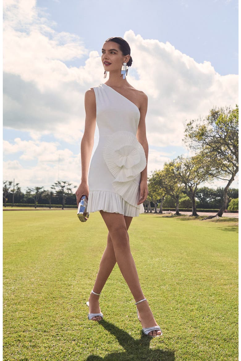 Pleated Rosette One-Shoulder Cocktail Minidress, Alternate, color, IVORY