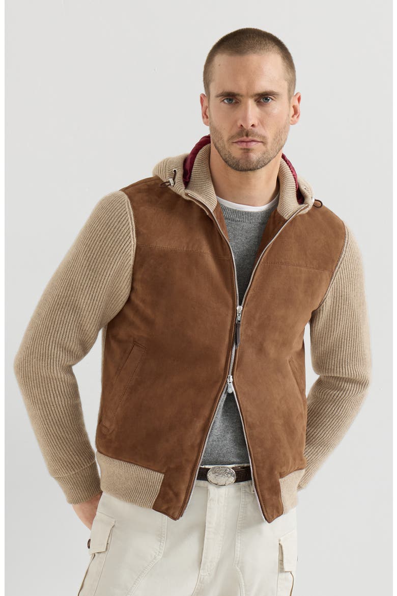 Suede and cashmere knit hooded bomber jacket with Thermore® padding, Main, color, Brown