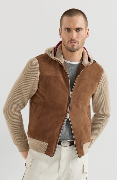 Suede and cashmere knit hooded bomber jacket with Thermore® padding