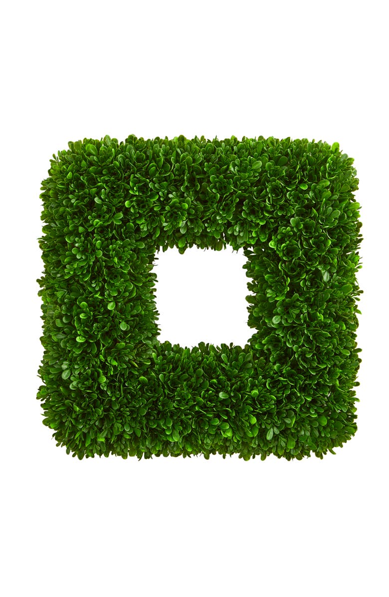 NEARLY NATURAL 17-in Tea Leaf Square Wreath UV Resistant, Main, color, Green