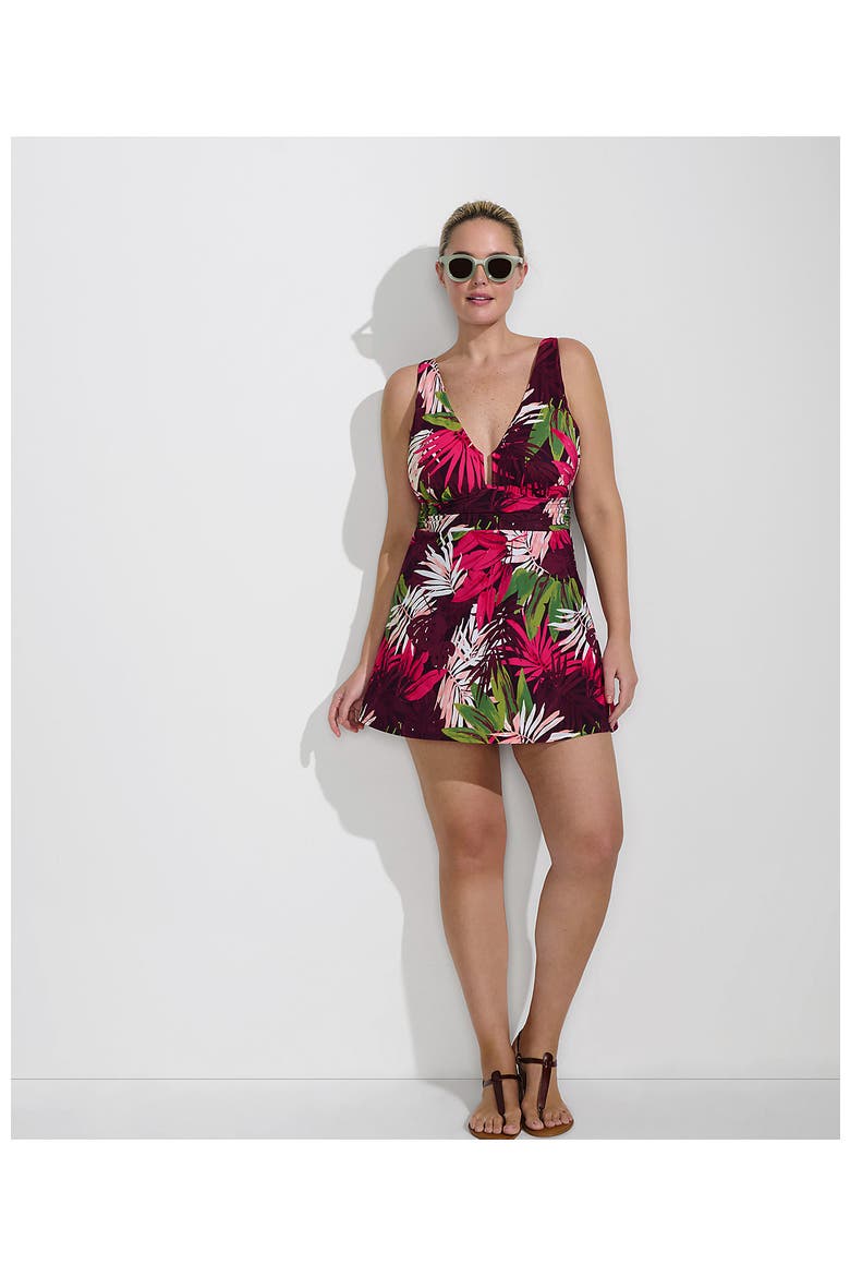 Plus Size Slender Suit Shine U-Wire Swim Dress Swimsuit, Alternate, color, Dark Wine Multi Tropical Palm