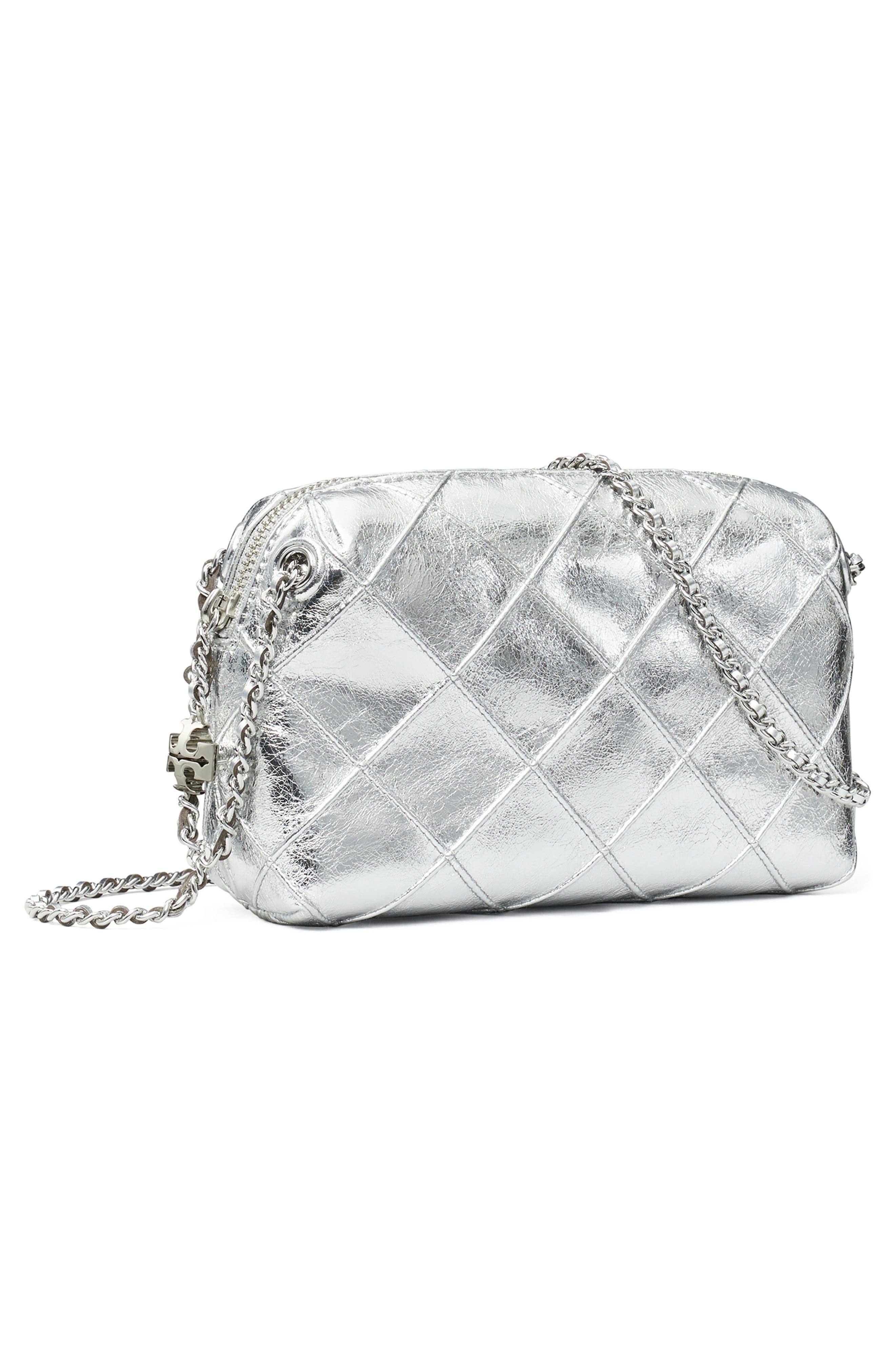 Tory Burch Fleming Soft Metallic Leather Crossbody Bag, Alternate, color, Silver