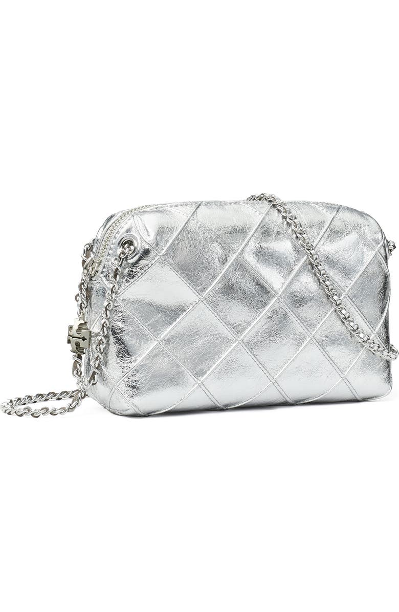 Tory Burch Fleming Soft Metallic Leather Crossbody Bag, Alternate, color, Silver