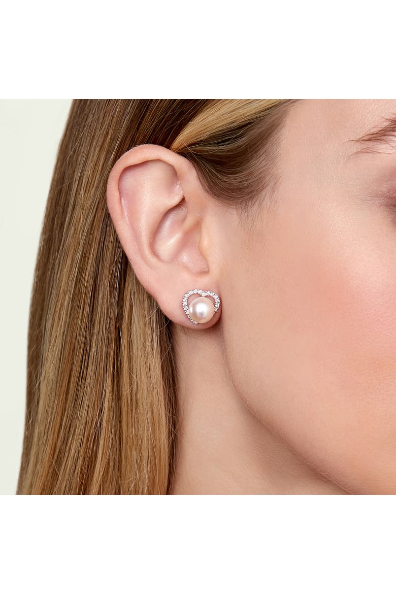 Freshwater Pearl & Diamond Heart Amour Earrings, Alternate, color, White Gold