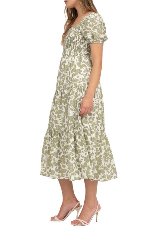 August Sky Floral Puff Sleeve Smocked Midi Dress In Olive Multi