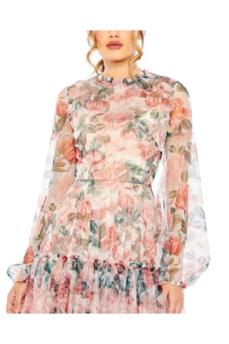 Long Sleeve High Neck Long Balloon Sleeve Midi Dress, Alternate, color, WHITE MULTI