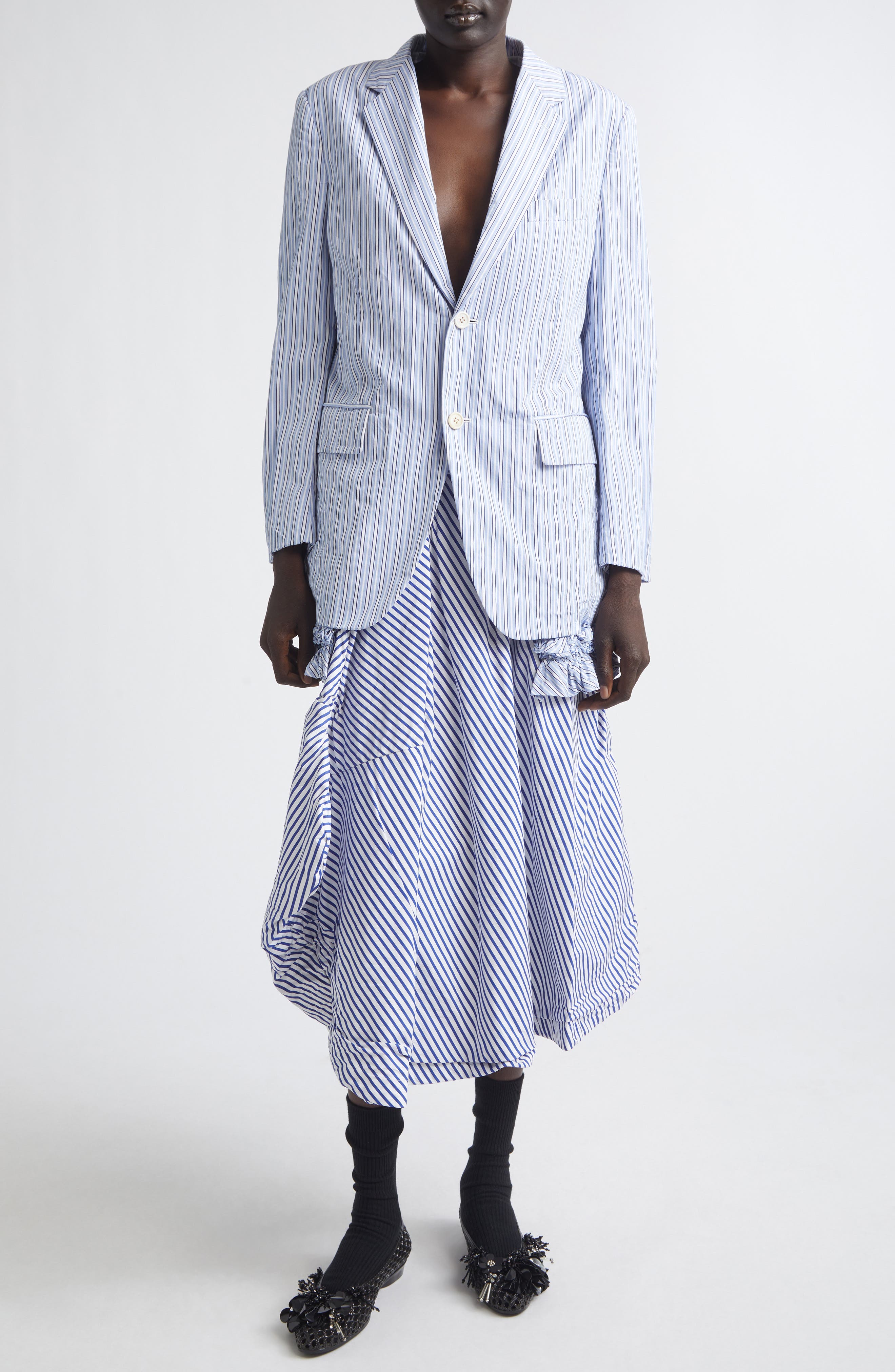 Stripe Ruffle Hem Single Breasted Cotton Blazer - image 2