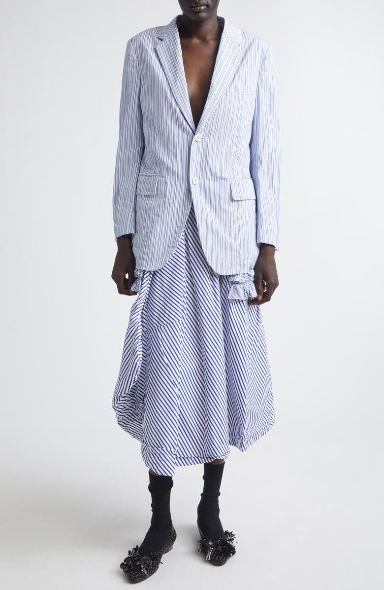 Comme des Garçons Comme des Garçons Stripe Ruffle Hem Single Breasted Cotton Blazer, Alternate, color, Sax/ White/ Navy