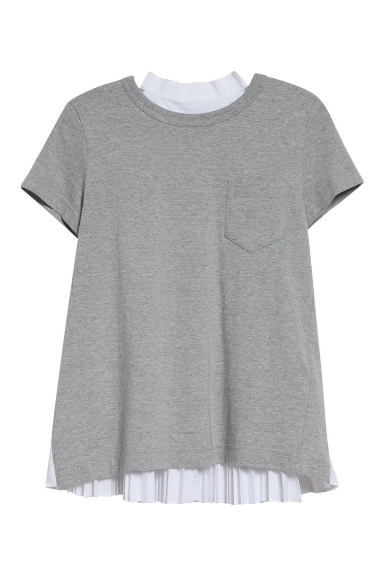 Mixed Media Pleated Poplin & Jersey Pocket T-Shirt, Main, color, LIGHT GRAY/ WHITE