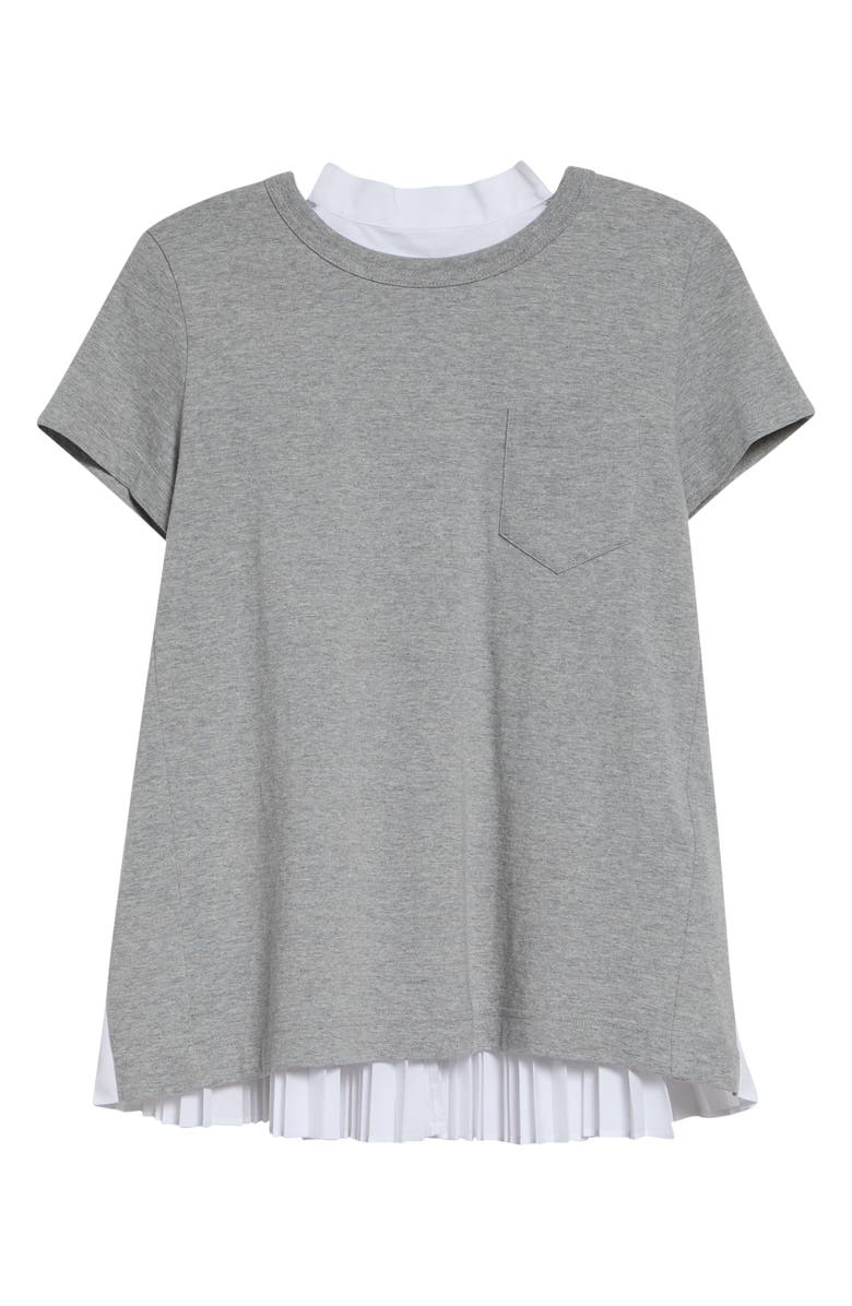 Sacai Mixed Media Pleated Poplin & Jersey Pocket T-Shirt, Main, color, Light Gray/ White