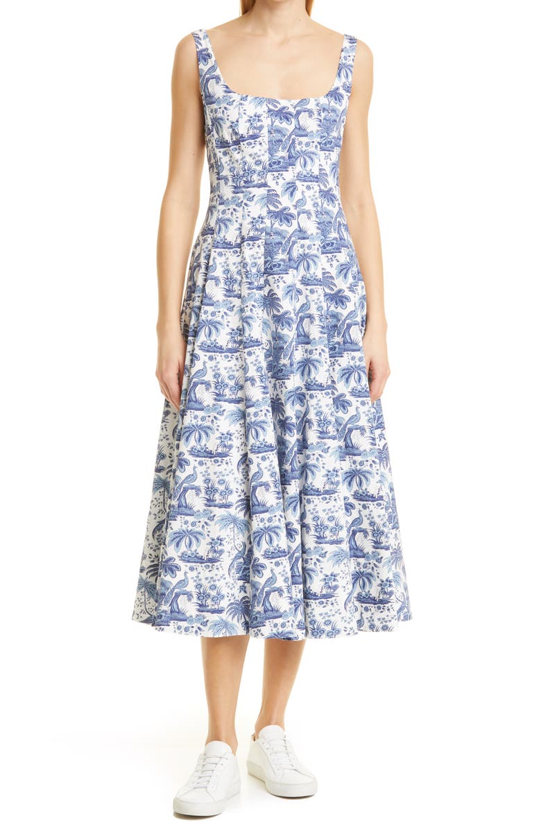 STAUD Wells Abstract Print Stretch Cotton Midi Dress, Main, color, 