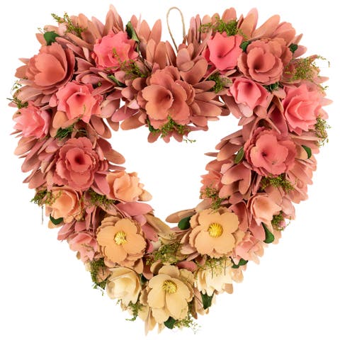 Mixed Floral Artificial Valentine's Day Heart Wreath - 15" - Pink and Yellow