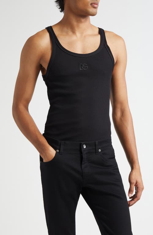 Dolce & Gabbana Black Sleeveless Top With Logo Embroidery On The Front And Ribbed Knit In Cotton Man In Black