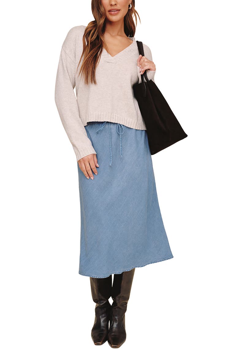 Tie Waist Denim Bias Midi Skirt, Alternate, color, INDIGO HARBOR WASH