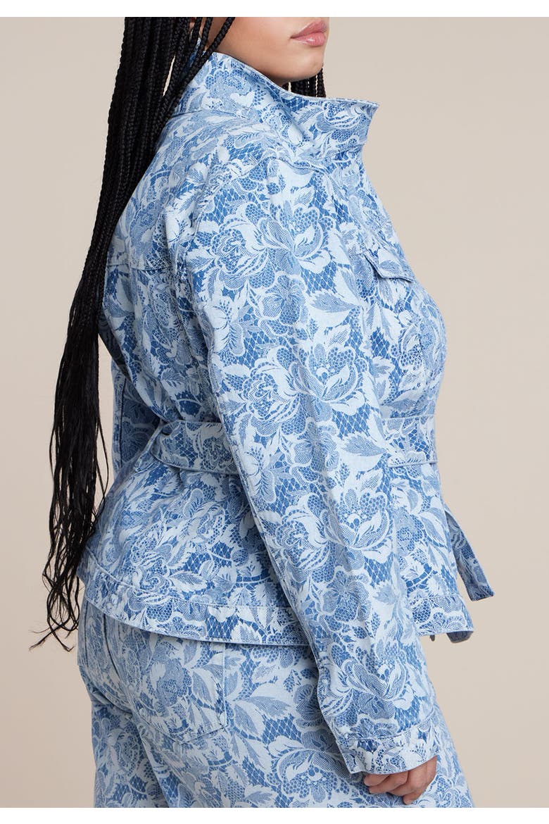 Lace Printed Denim Belted Jacket, Alternate, color, CHANTILLY DENIM