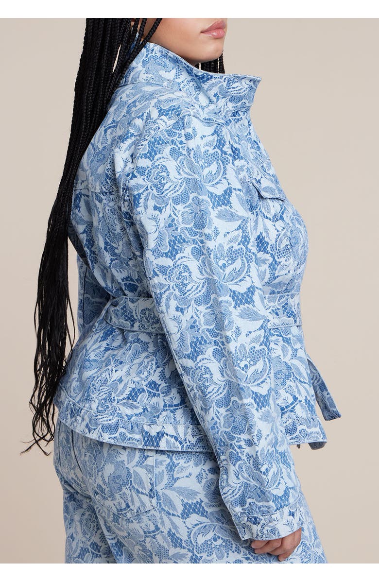 ELOQUII Lace Printed Denim Belted Jacket, Alternate, color, Chantilly Denim