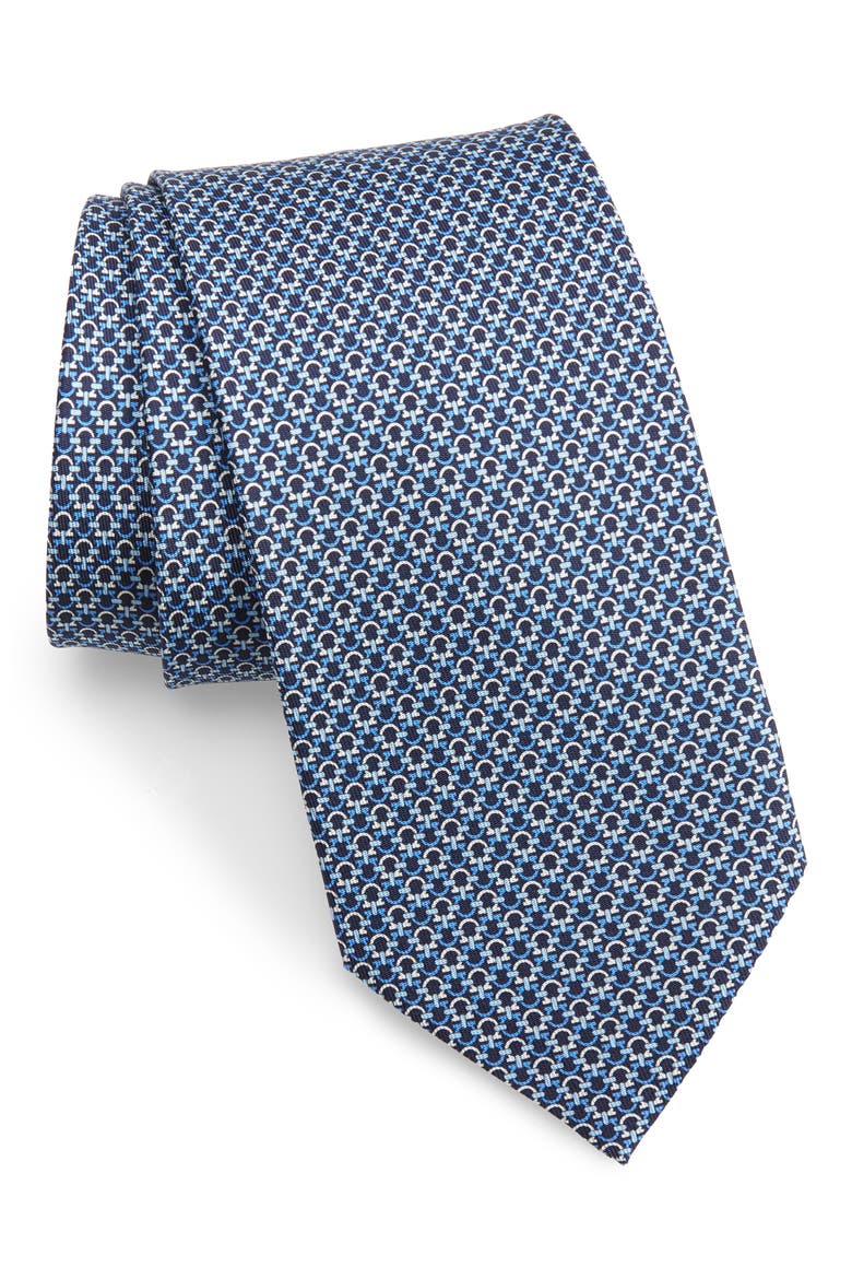 Gancini Pattern Silk Tie, Main, color, F.NAVY/ AZZURRO