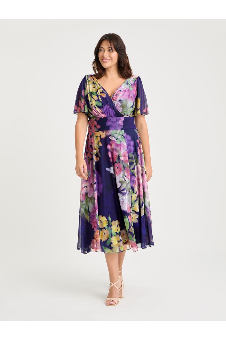 Victoria Floral Angel Sleeve Midi Dress, Main, color, Navy Purple Multi