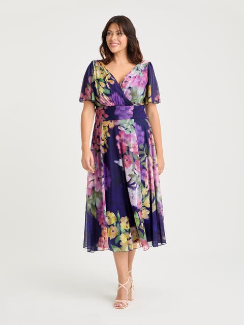 Victoria Floral Angel Sleeve Midi Dress