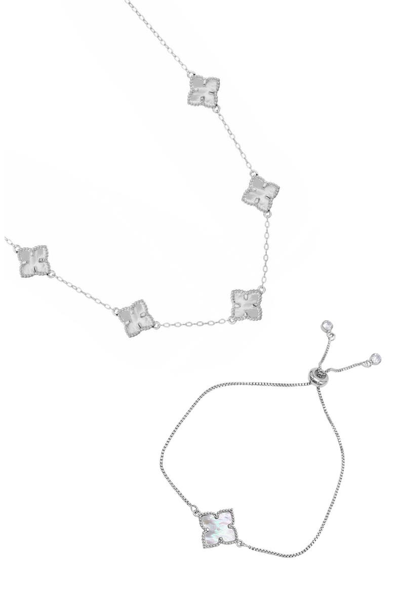 Mother-of-Pearl Clover Station Necklace & Bracelet Set, Main, color, WHITE/ SILVER