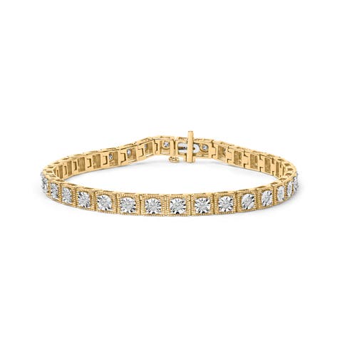 14K Yellow Gold Plated Silver 1.0 Cttw Diamond Milgrain Link Tennis Bracelet