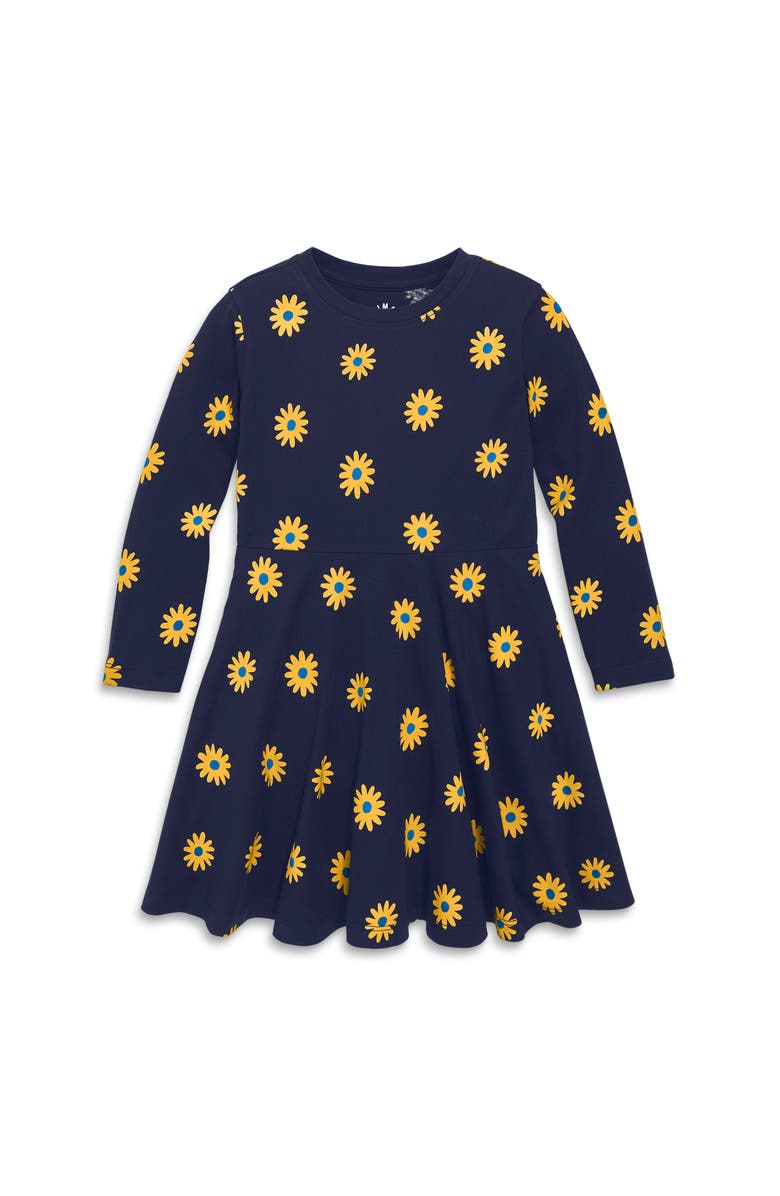 Primary Kids Long Sleeve Twirly Dress In Sunflowers, Main, color, Navy Sunflowers