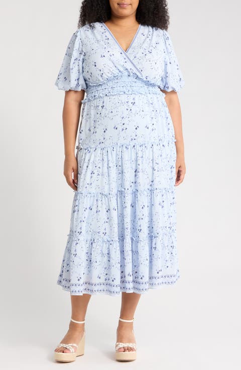 V-Neck Puff Sleeve Tiered Dress (Plus)