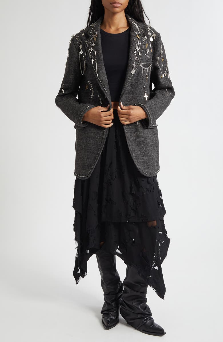 R13 Embellished Frayed Edge Ragged Virgin Wool & Linen Blazer, Alternate, color, Dark Grey