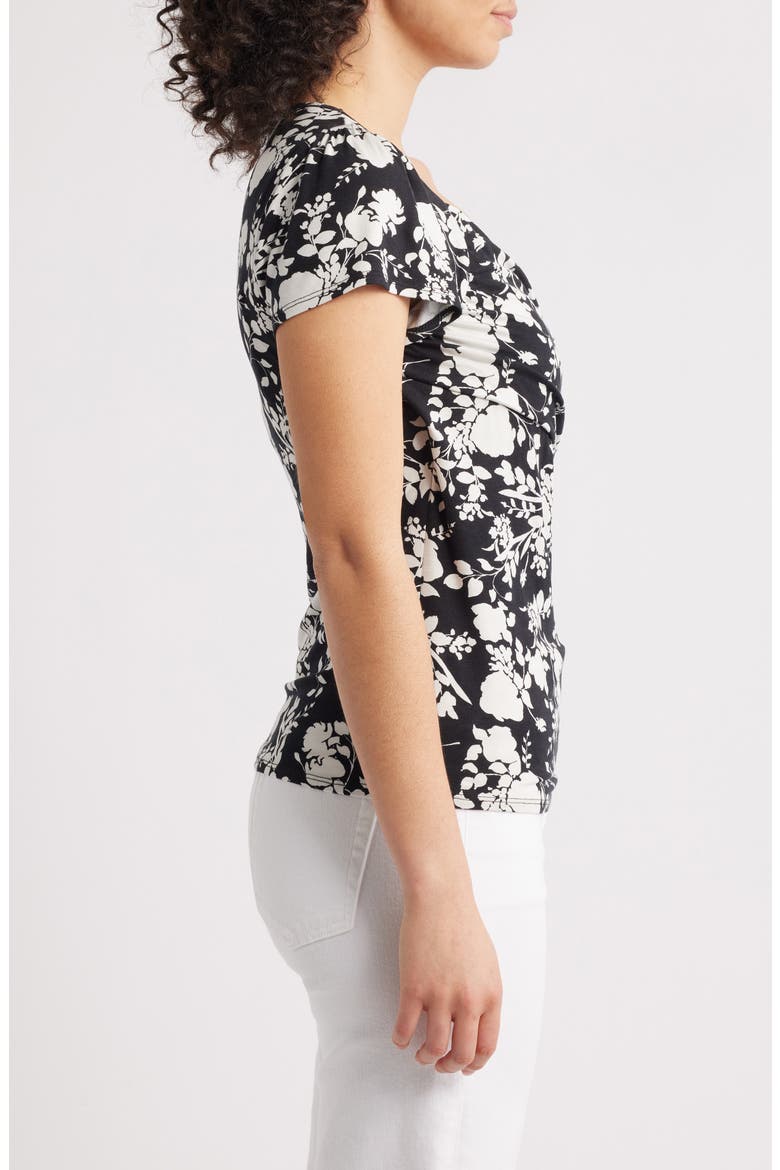 Floral Faux Wrap Top, Alternate, color, BLACK
