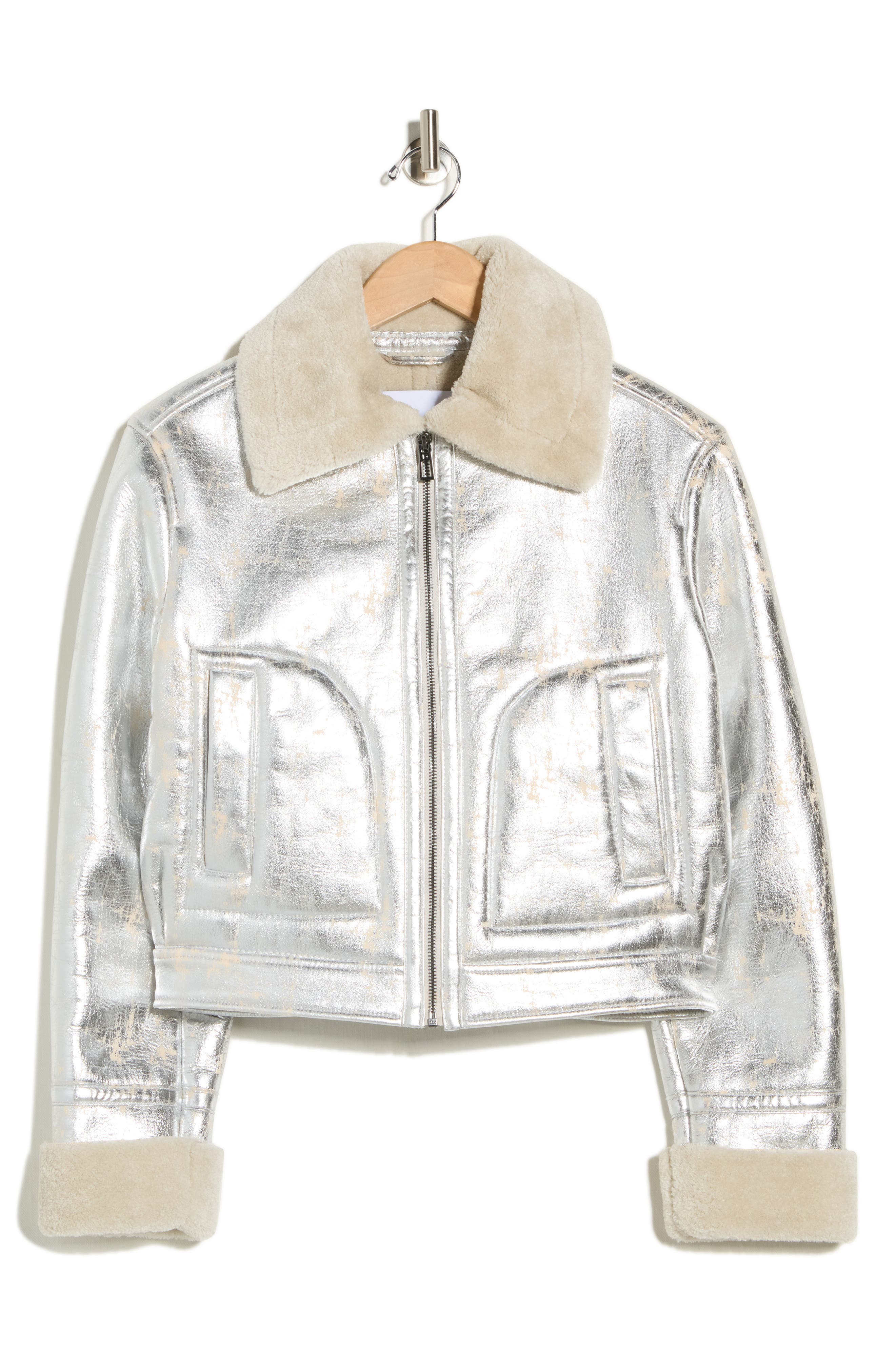 Desigual Faux Shearling Trim Faux Leather Bomber Jacket