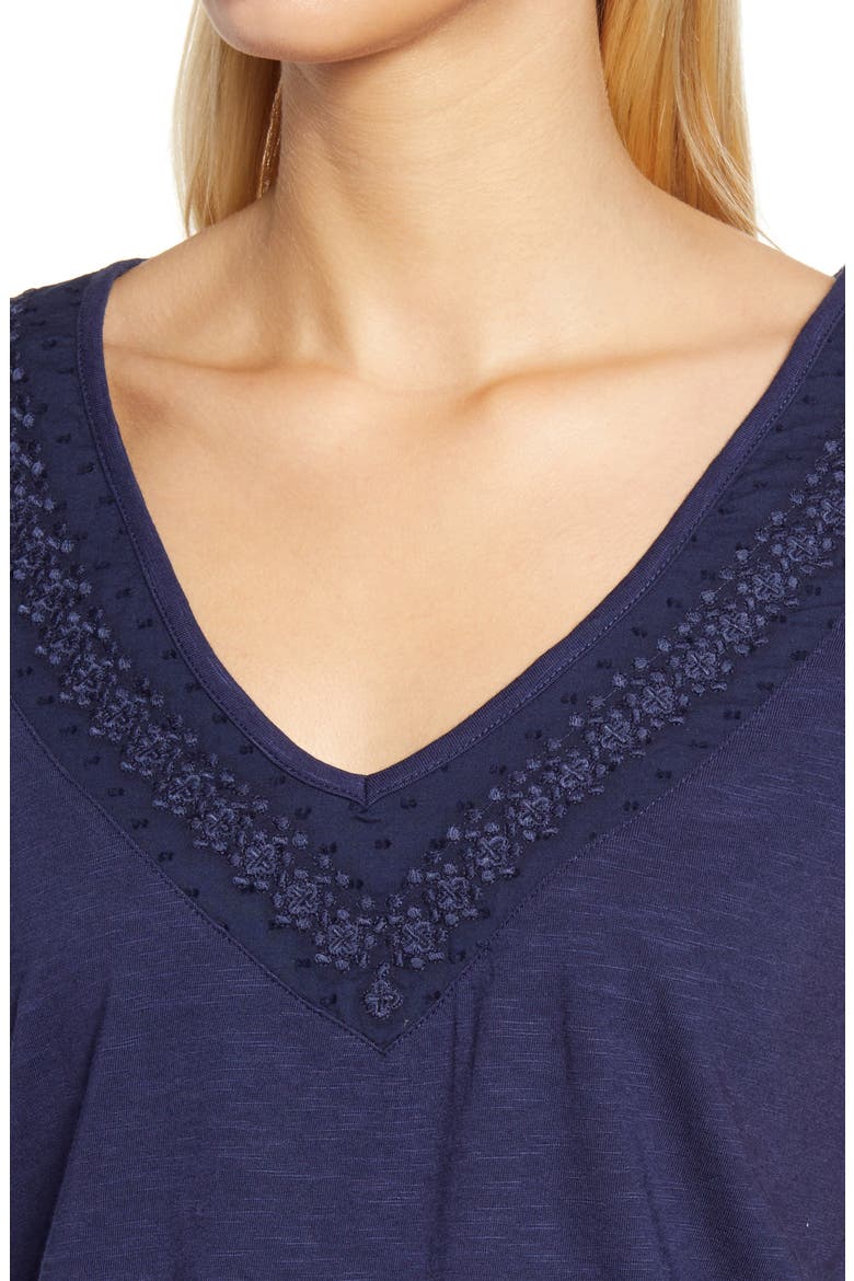 Embroidered Neck Short Sleeve Cotton Blend Top, Alternate, color, NAVY PEACOAT