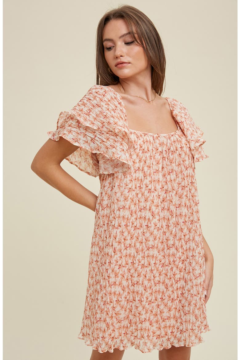 Floral Pleated Minidress, Alternate, color, APRICOTDNU
