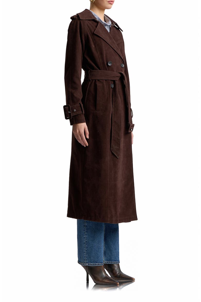 Double Breasted Faux Suede Trench Coat, Alternate, color, CHOCOLATE