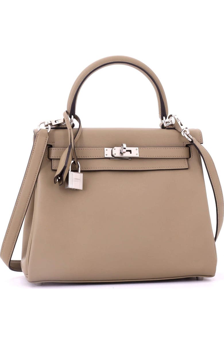 Pre-Owned Hermes Kelly Handbag Brown Swift with Palladium Hardware 25, Alternate, color, Beige Marfa