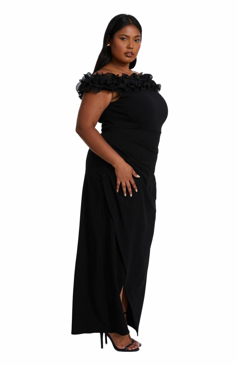 QUIZ Plus Size Scuba Crepe Ruffle Bardot Maxi Dress, Alternate, color, 