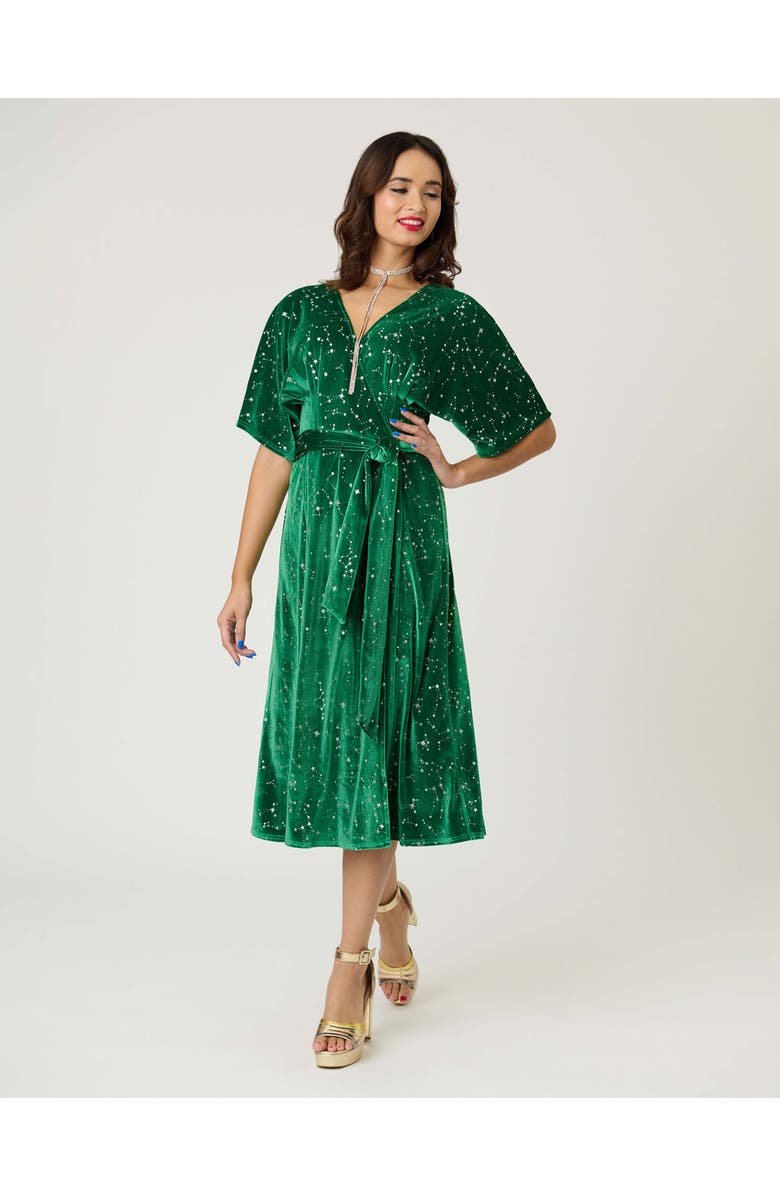 Unique Vintage Velvet Tie Wrap Surplice Midi Dress, Alternate, color, Green & Silver