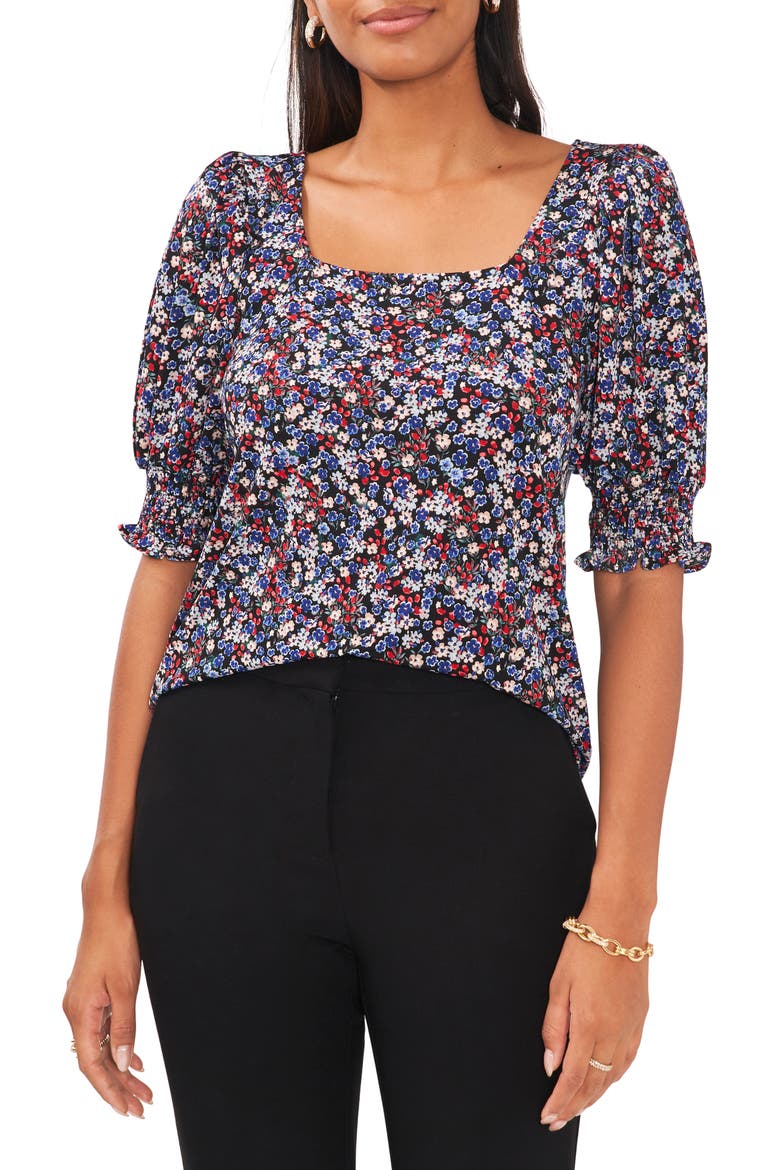 Floral Square Neck Smocked Sleeve Blouse, Main, color, BLACK/ MULTI