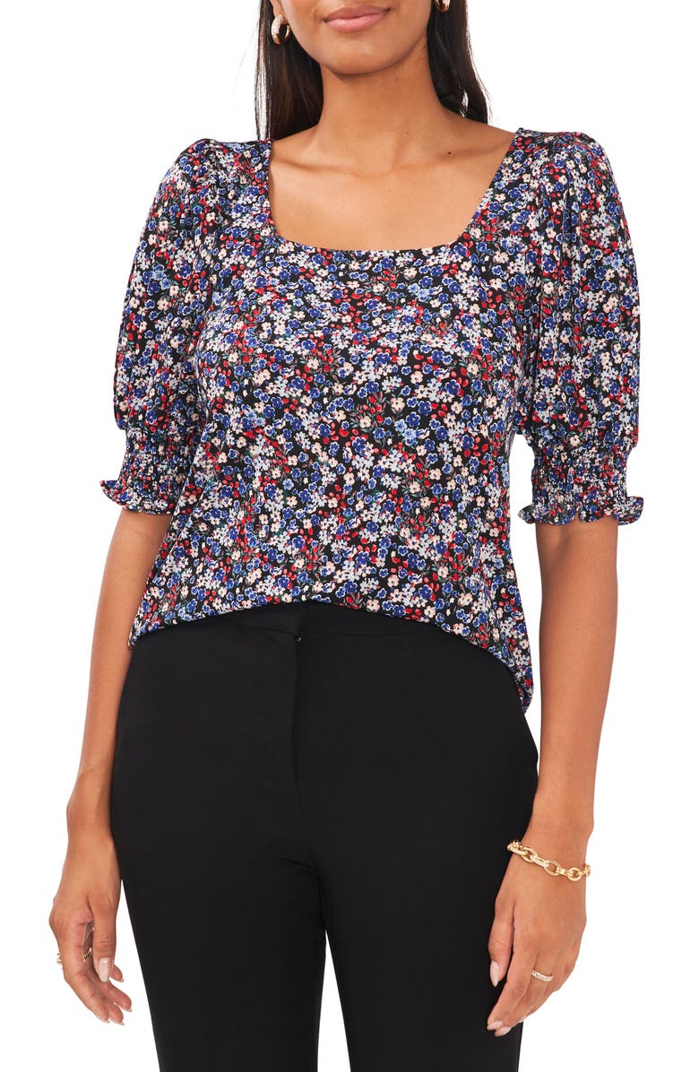 Chaus Floral Square Neck Smocked Sleeve Blouse, Main, color, Black/ Multi