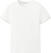 MANGO Studded Trim Stretch Cotton Blend Rib Crop T-Shirt