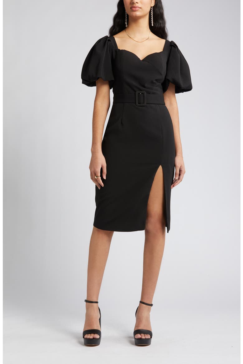 Bonnie Puff Sleeve Belted Sheath Dress, Alternate, color, BLACK