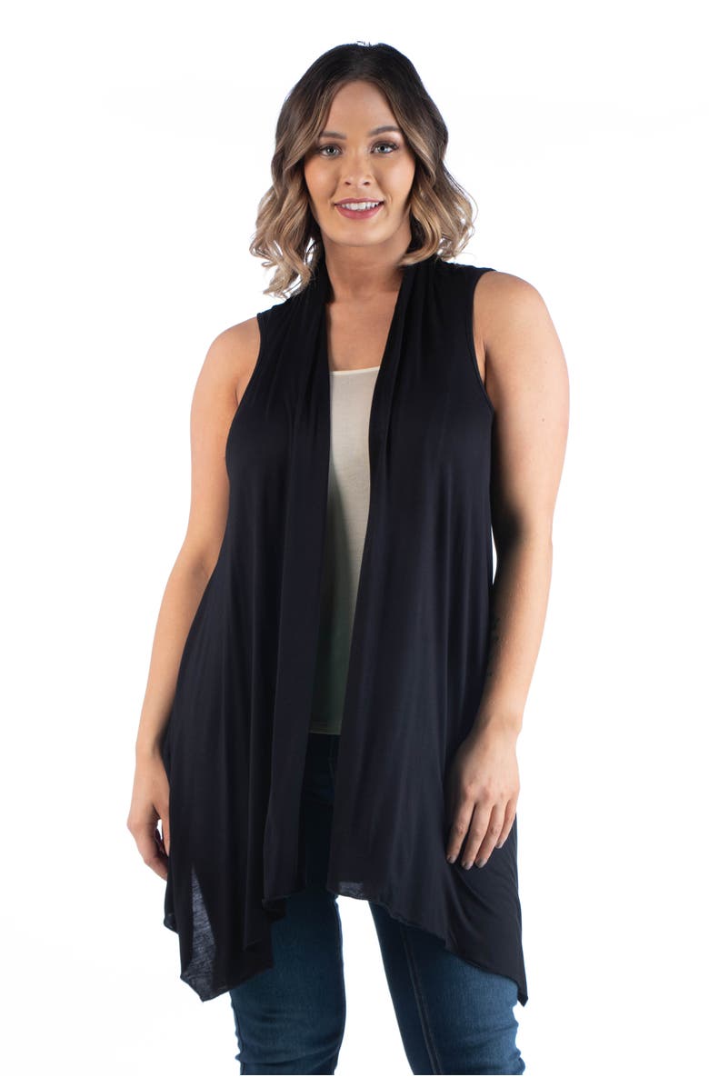 24seven Comfort Apparel Plus Size Asymmetric Open Front Cardigan, Main, color, Black