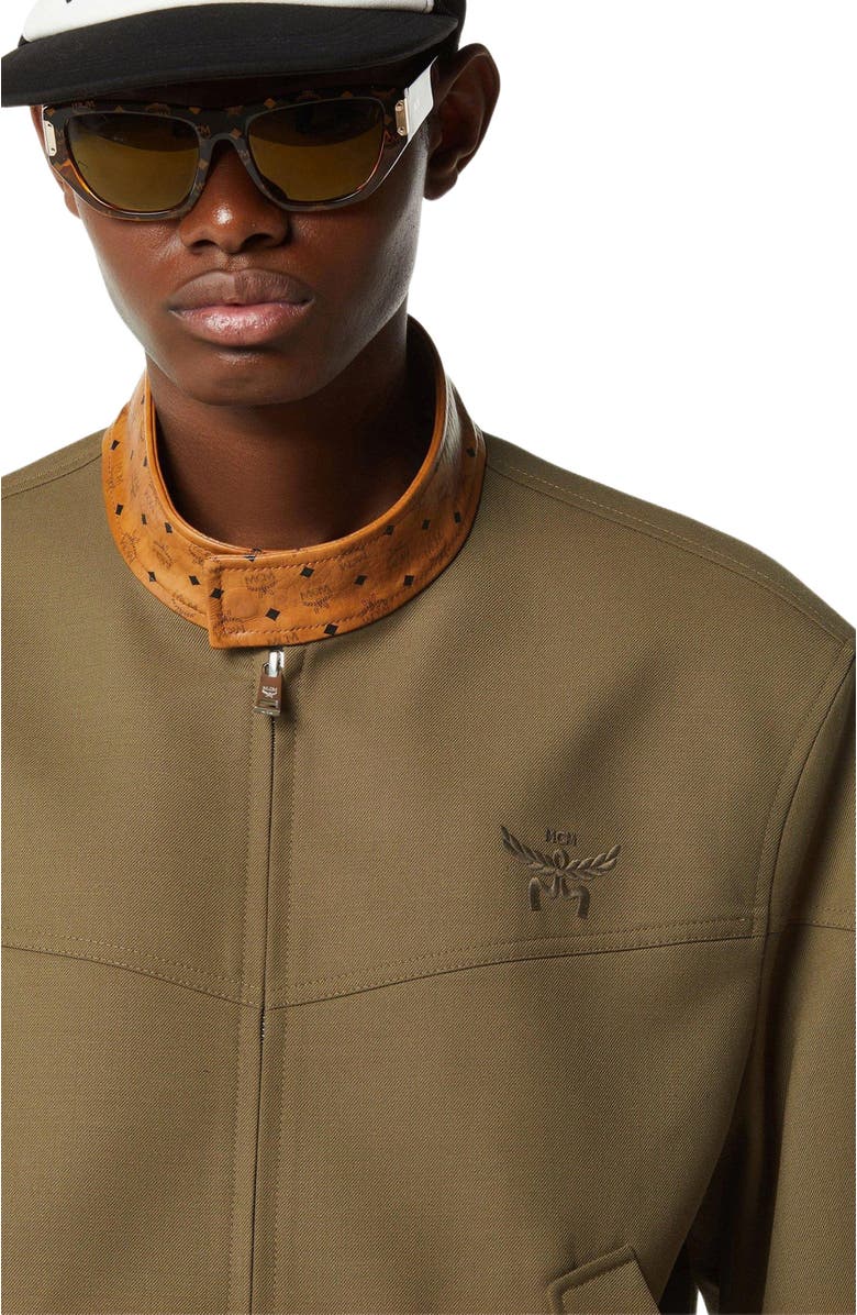 MCM Jacket in Wool Twill and Monogram Print Leather, Alternate, color, Khaki