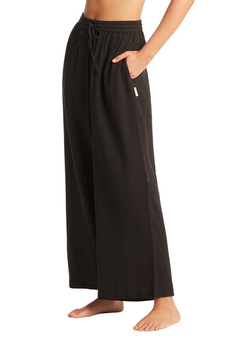 Sunset Beach High Waist Cotton Gauze Cover-Up Pants, Alternate, color, BLACK