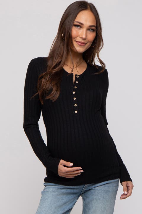 Ribbed Knit Button Long Sleeve Top