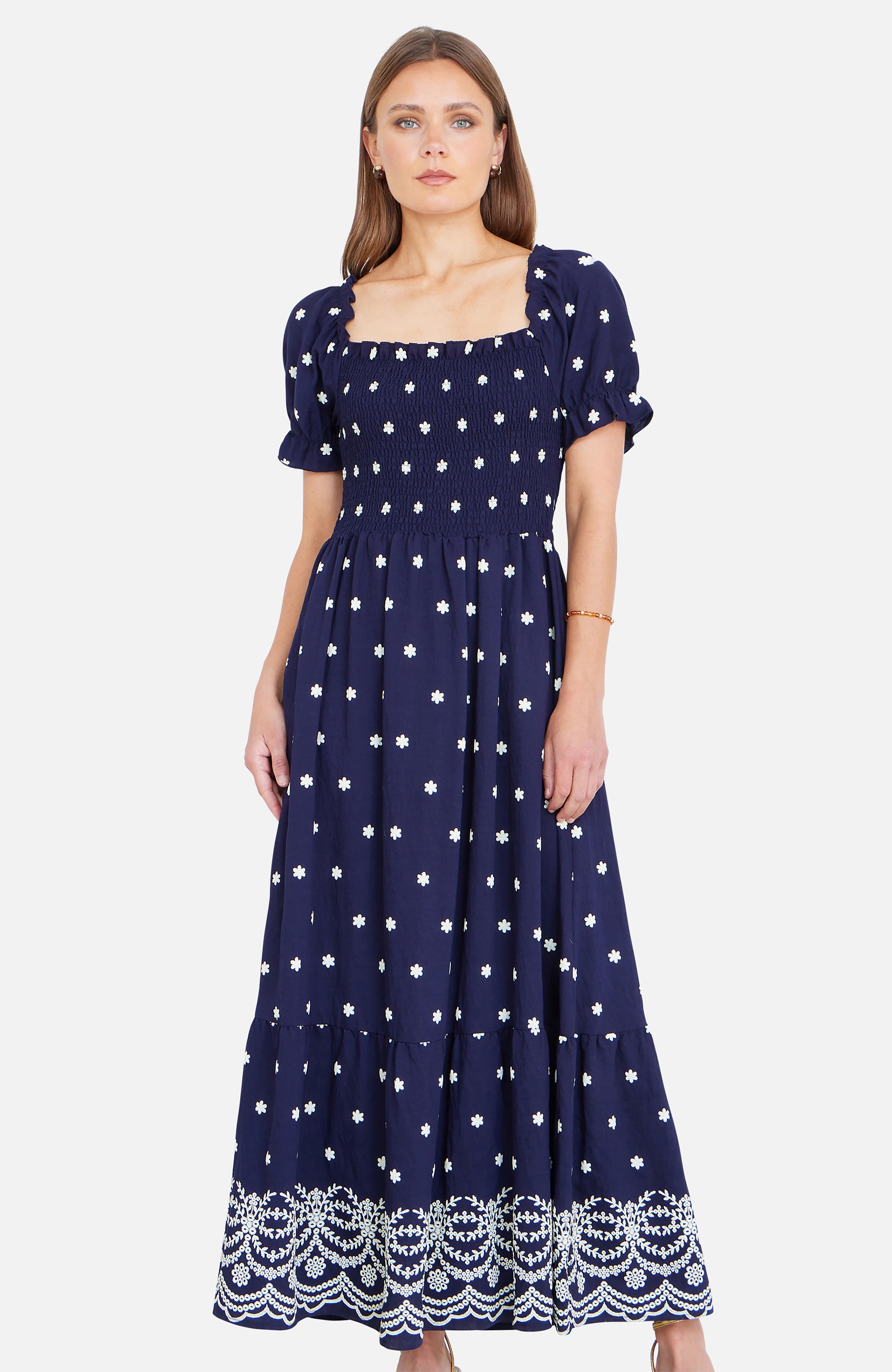 Border Hemline Smocked Maxi Dress