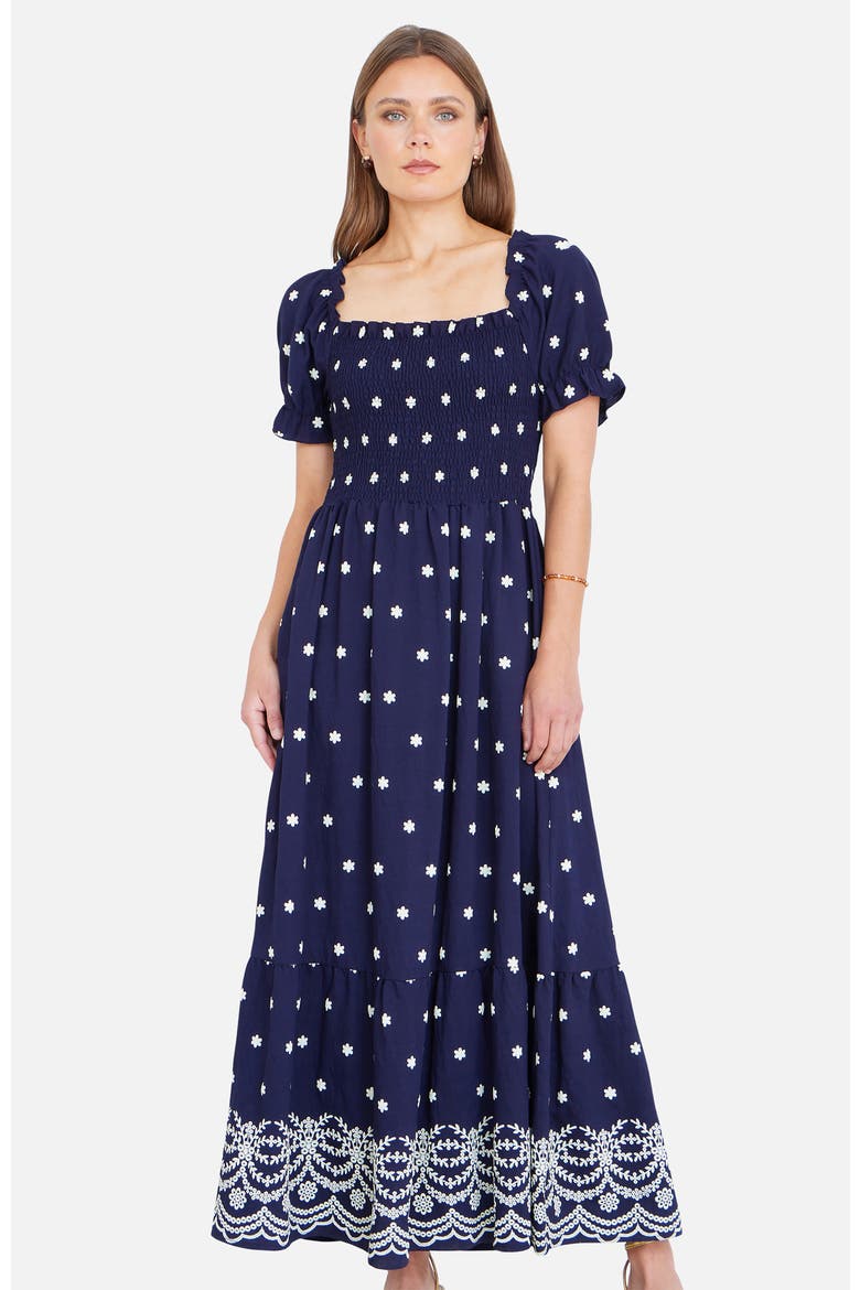 Border Hemline Smocked Maxi Dress, Main, color, Navy