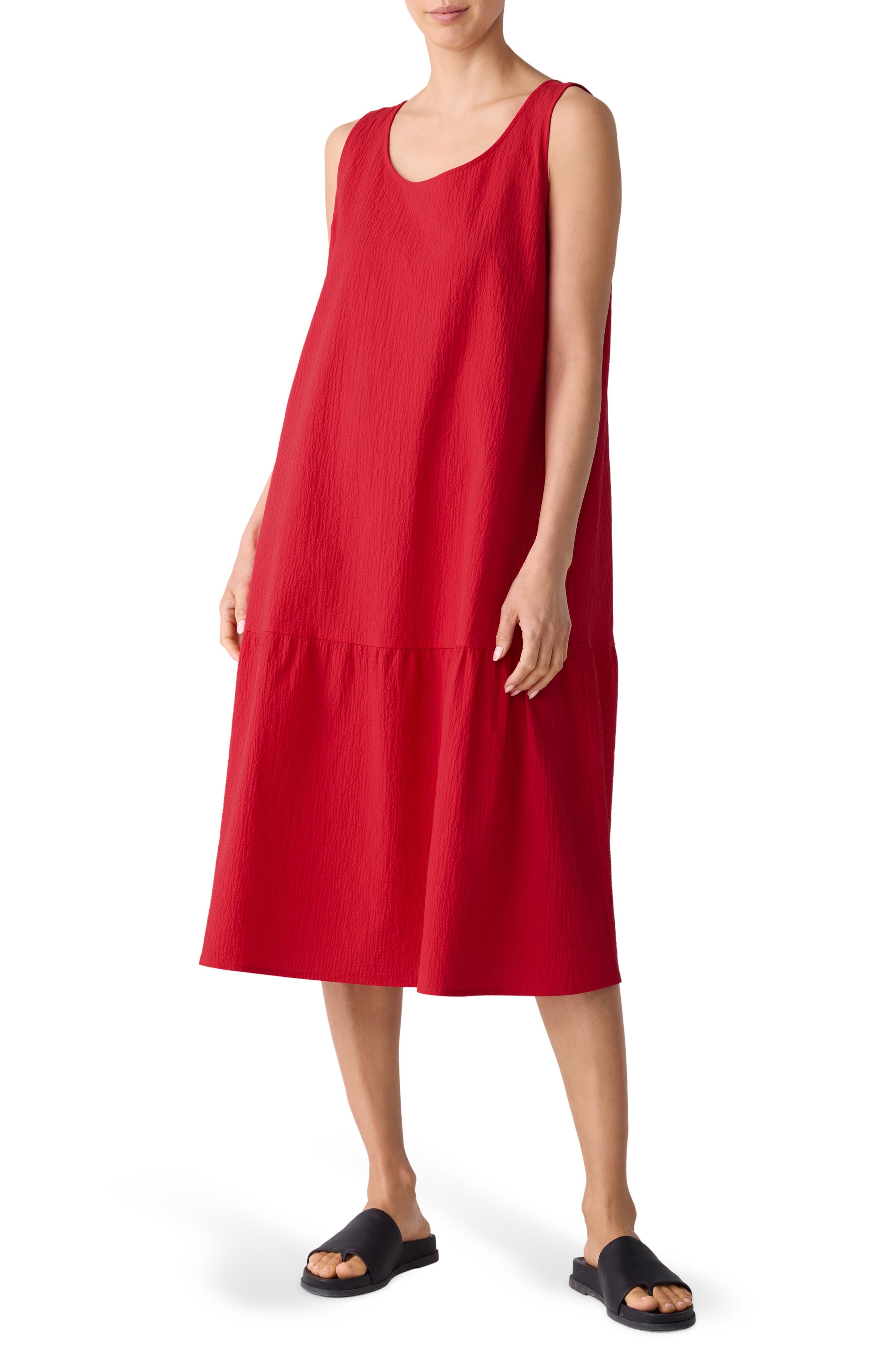 Eileen Fisher Scoop Neck Stretch Organic Cotton Midi Dress