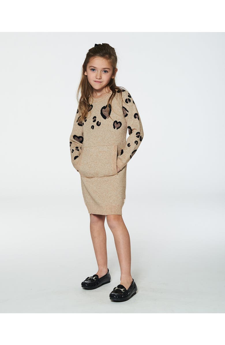 Deux par Deux Little Girl's Sweater Dress With Heart Jacquard Beige Mix, Alternate, color, 